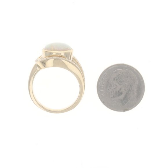 Yellow Gold Opal Diamond Loop Ring - 14k Oval Cabochon 2.09ctw Milgrain - Picture 5 of 6